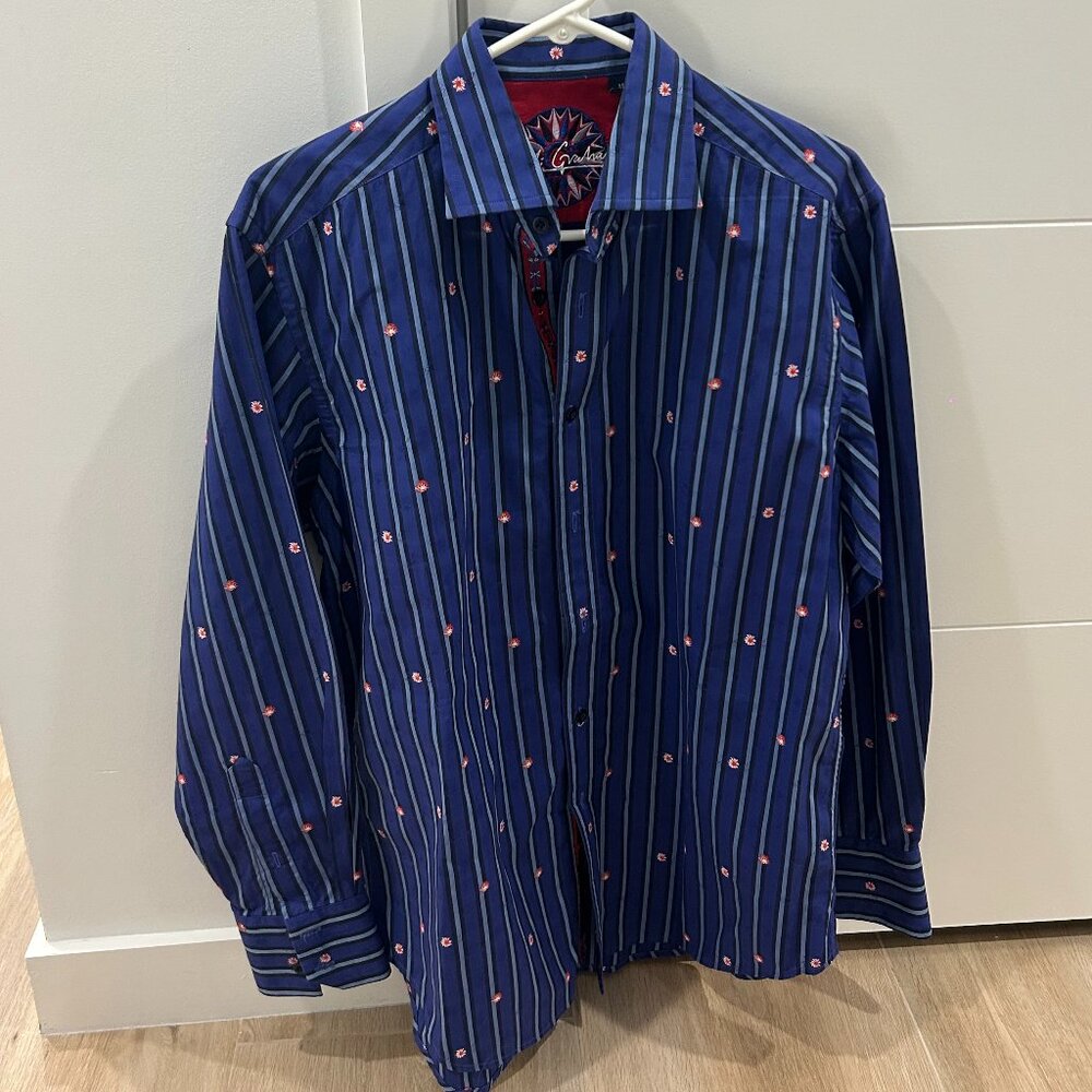 Robert Graham Men Blue Stripes Floral Print Trimmed Shirt Size M
